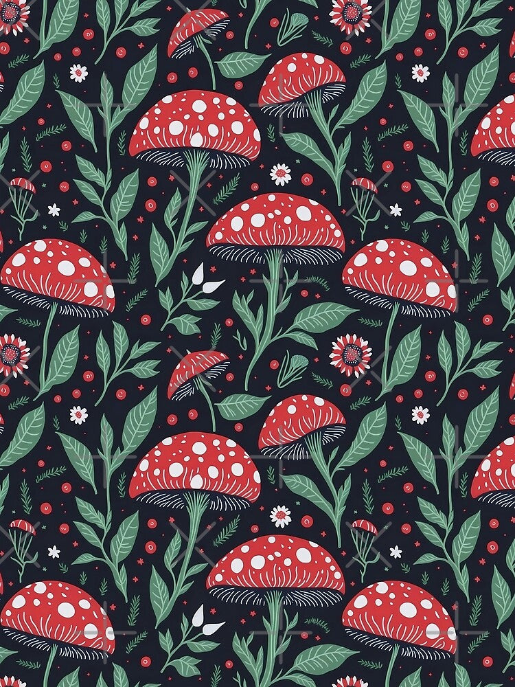Red Mushroom Pattern Floral Aesthetic by Shaymalily