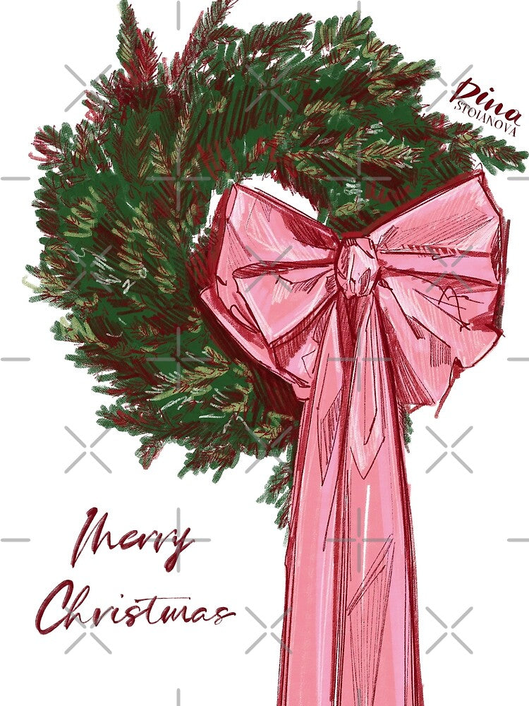 Merry Christmas Wreath Pink bow Illustration by Dina Stoianova by Dina Stoianova