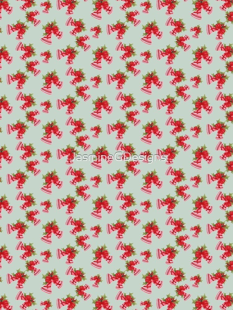 Christmas Bells with Red Bow and Berries Light Green by JasmineGDesigns