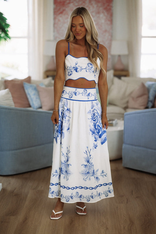 Bloom Theory Crop Top and Maxi Skirt - White and Blue