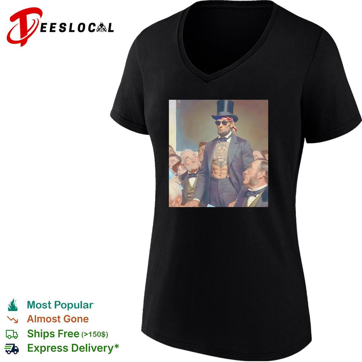 Abraham Lincoln lion chest tattoo top hat and sunglasses portrait graphic shirt Unisex