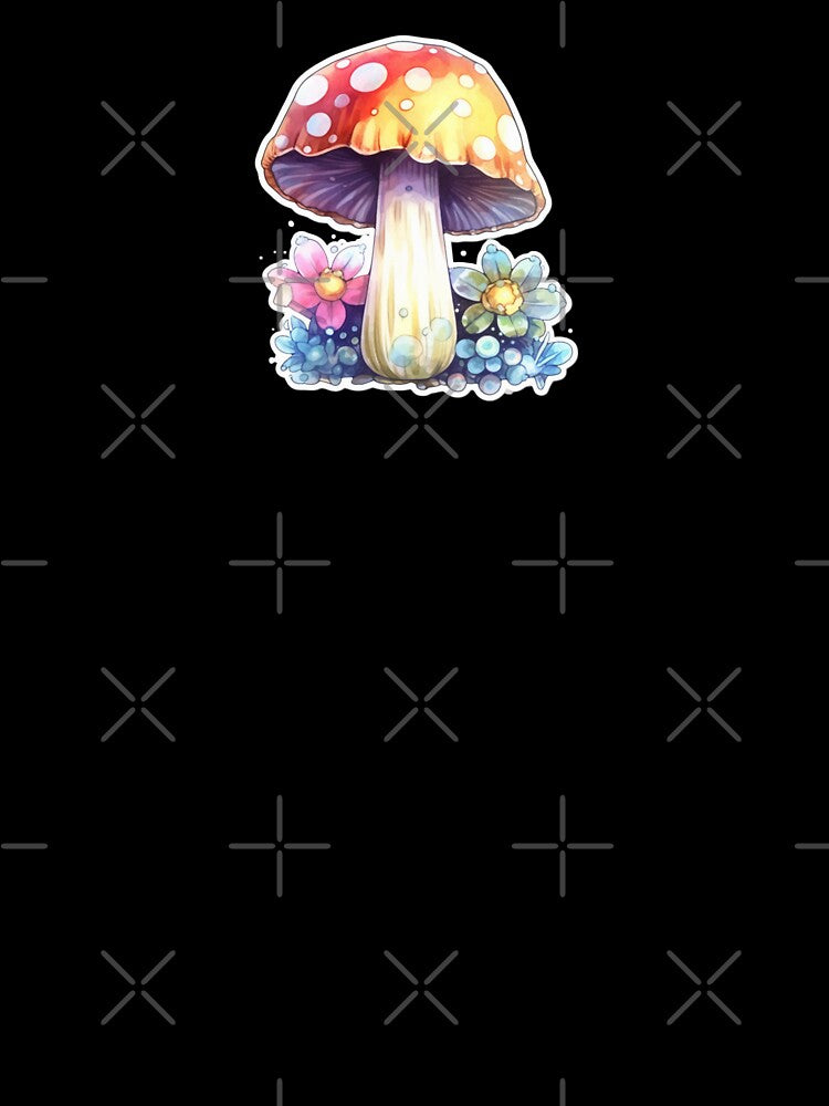 Colourful Anime Mushroom and Flowers | Black Watercolour | Nature, Woods, Forest, Meadow, Botanical by FantasySoul