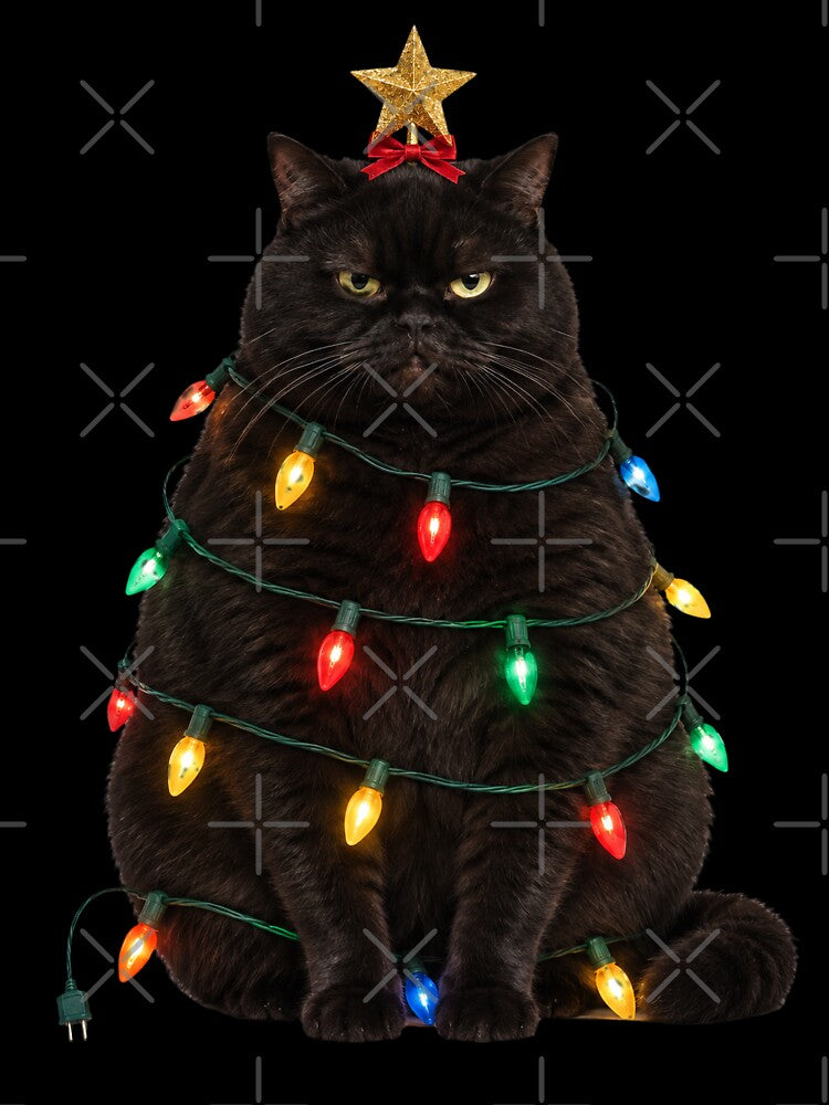 Grumpy Black Cat Christmas Tree with Holiday Lights by KokoDeez