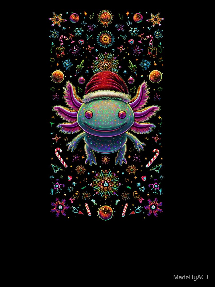 Neon Glow Axolotl in Santa Hat – Psychedelic Xmas Ornament Artwork – Cute Holiday Amphibian by MadeByACJ
