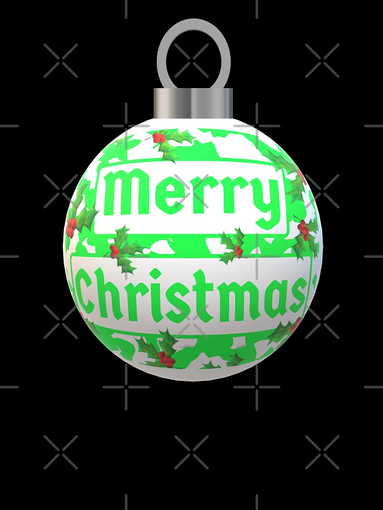 Christmas Ornament with Merry Christmas, Green and White Peppermint and Red Holly Berries (Black Background) by ArtByLM