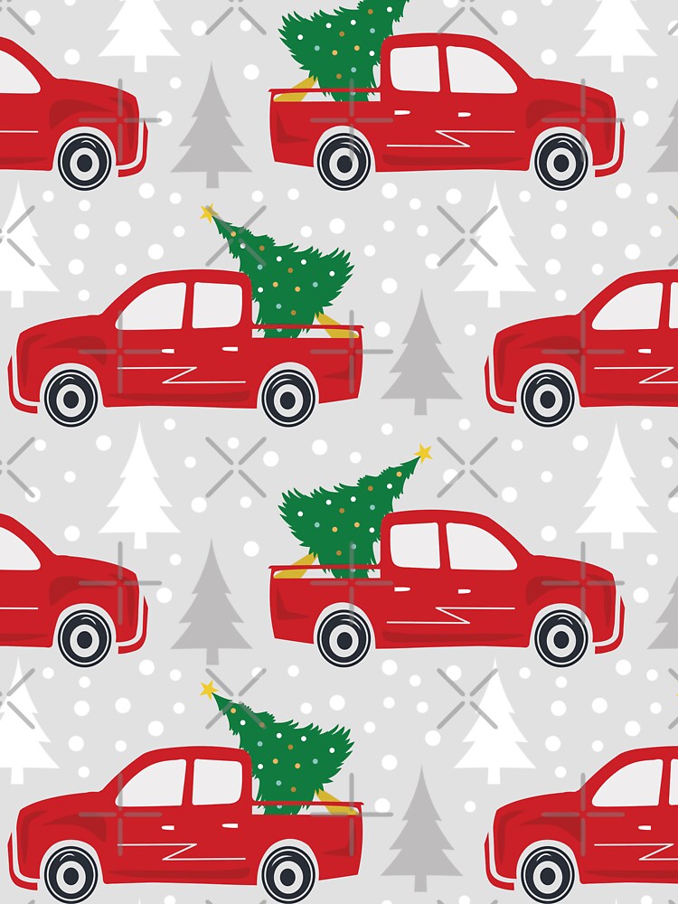 christmas tree truck, red pickup truck winter, woodland christmas by prirajdesigns