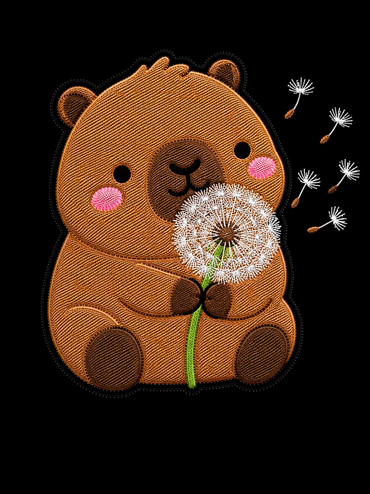 Kawaii Capybara Holding Dandelion - Cute Capybara Embroidery Patch by ColorSplash123