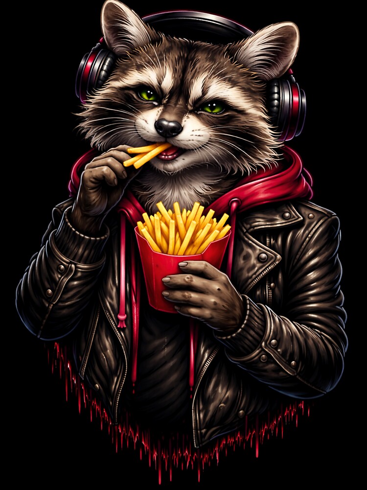 Mischievous Raccoon Eating Fries – Street Rebel Animal Art by ColorSplash123
