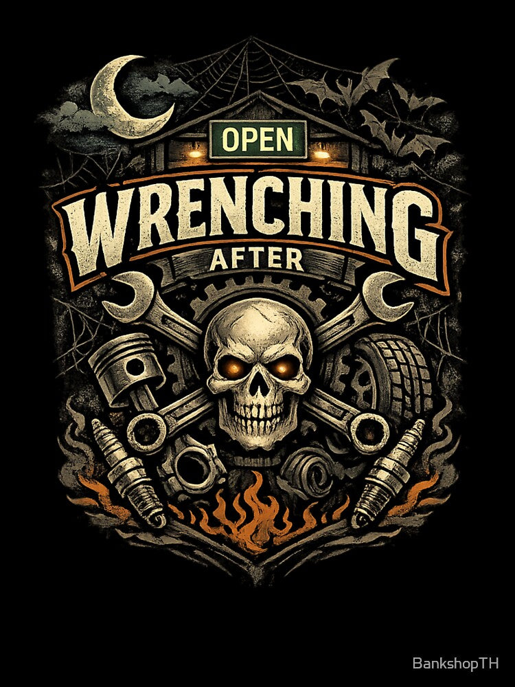 Wrenching After Dark Halloween Mechanic Skull Vintage Garage Design by BankshopTH