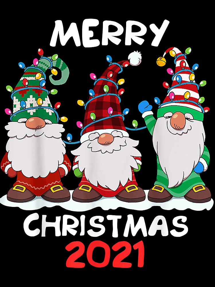 Three Gnomes Tree Lights Red Plaid Hat Merry Christmas 2021 by JoelleKey