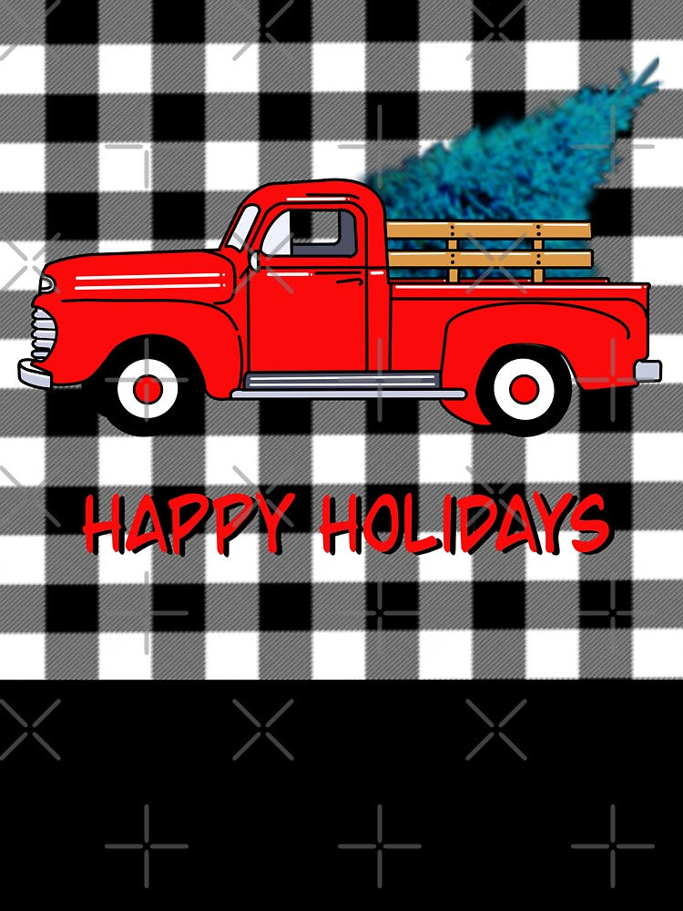 Vintage Holiday red pick-up truck, grey black buffalo plaid pattern, holiday design, Christmas tree by hollycooper