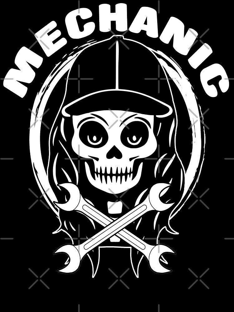 Female Mechanic Skull and Spanners Crossed Tools White Logo by Nuletto