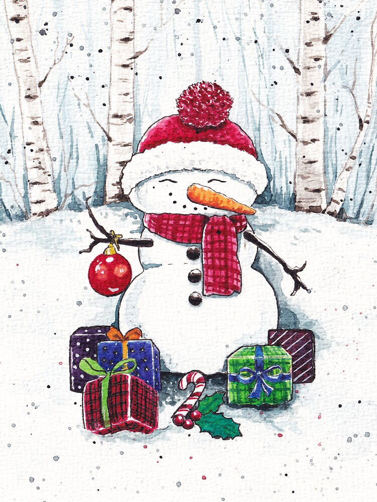 Cute Snowman with gifts watercolor art by Oirabot