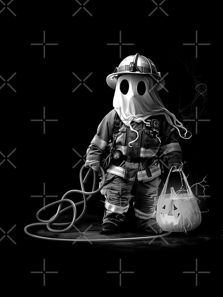 Ghost Firefighter with Pumpkin Bucket Halloween First Responder Art by inkoutninja