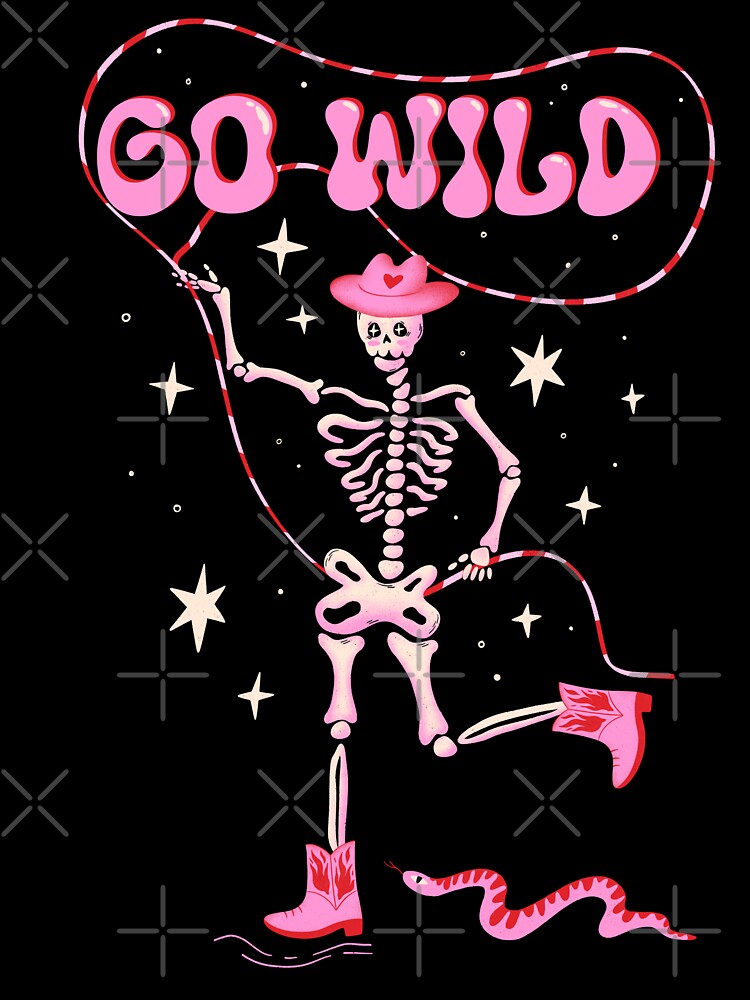 Go Wild! Cute dancing skeleton in cowboy boots and western hat with pink snake, bachelorette party by WeirdyTales