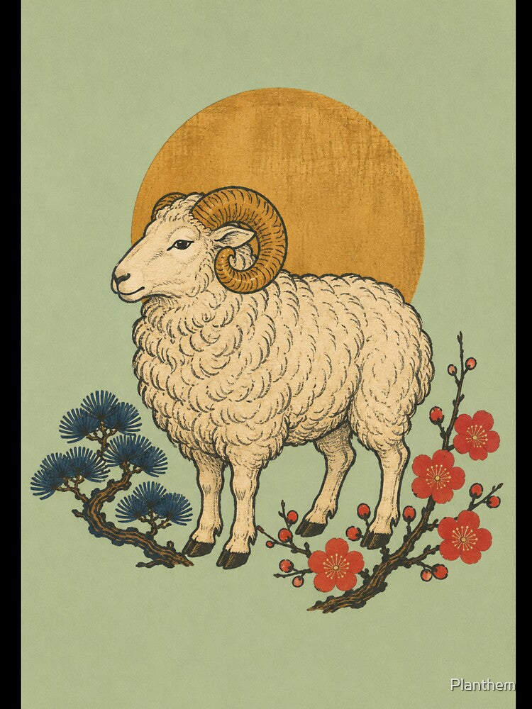 Year of the Goat 2027 Japanese Zodiac - Sheep Ukiyo-e Woodblock Art by Planthem