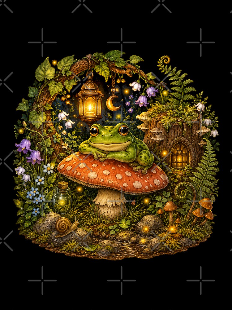 Cute Cottagecore Frog on a Mushroom – Enchanted Forest by Claudia Ilie Art