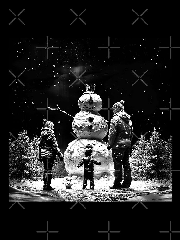 Family Building a Snowman – Black and White Winter Christmas Art by inkoutninja