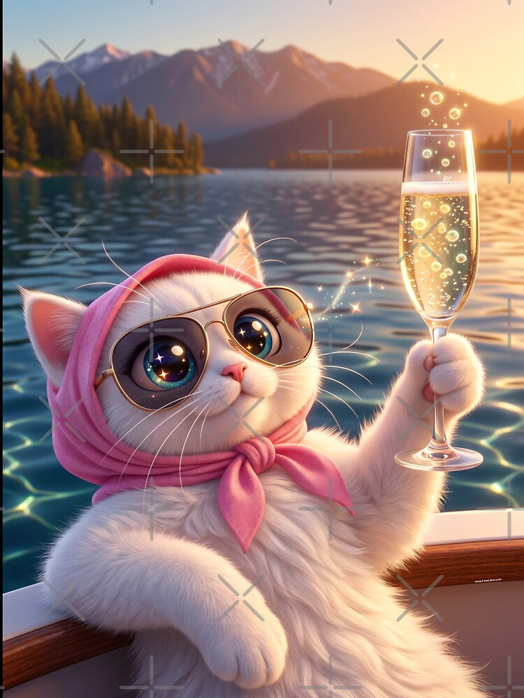 3D Champagne Rich Cat Poster - Funny Cruise Ship Chibi T-Shirt by FotoLibreStudio