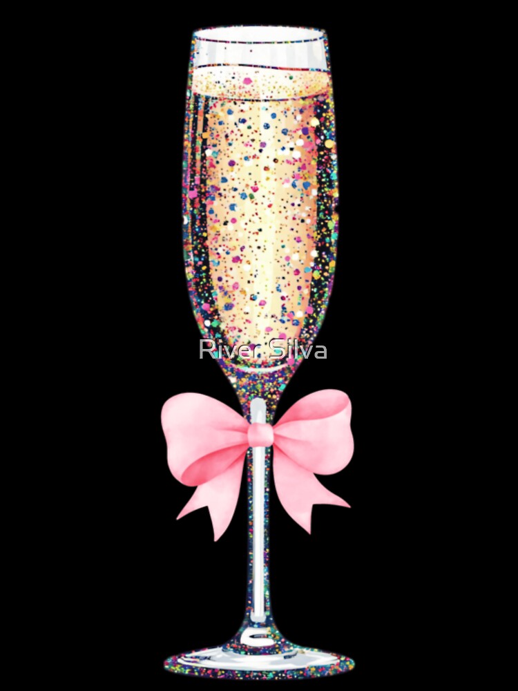 Elegant Sparkling Champagne Glass With Pink Bow Celebration New Year Art by River Silva