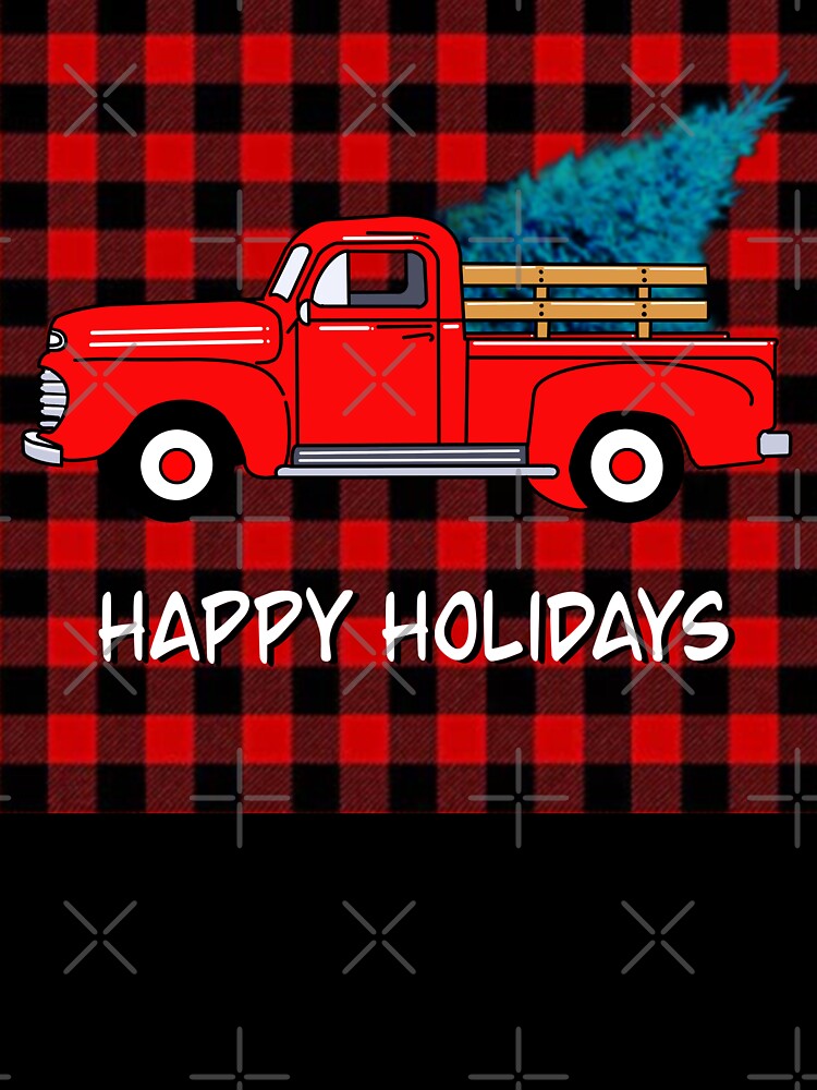 Vintage Holiday red pick-up truck, red buffalo plaid pattern, holiday design, Christmas tree by hollycooper