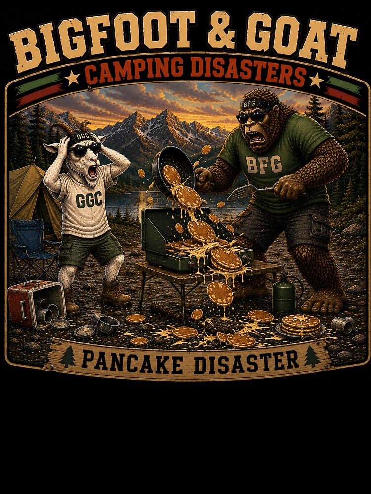Bigfoot And Goat Pancake Disaster Funny Camping Breakfast by NicheBloom