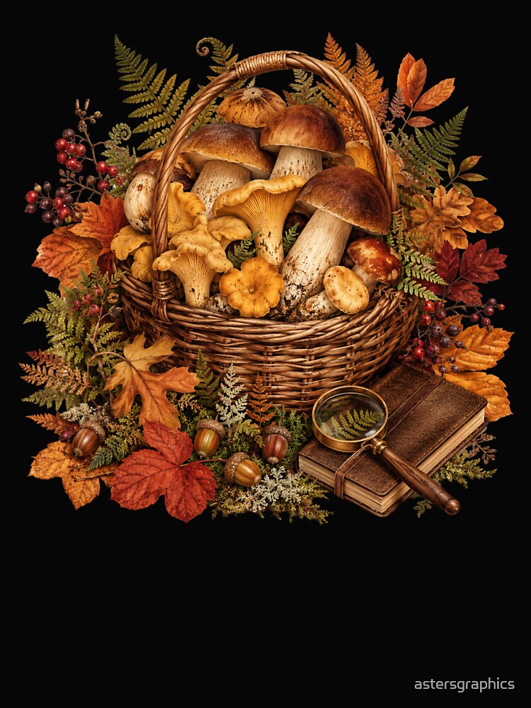 Woodland Harvest – Autumn Mushroom Forager Botanical Art by astersgraphics