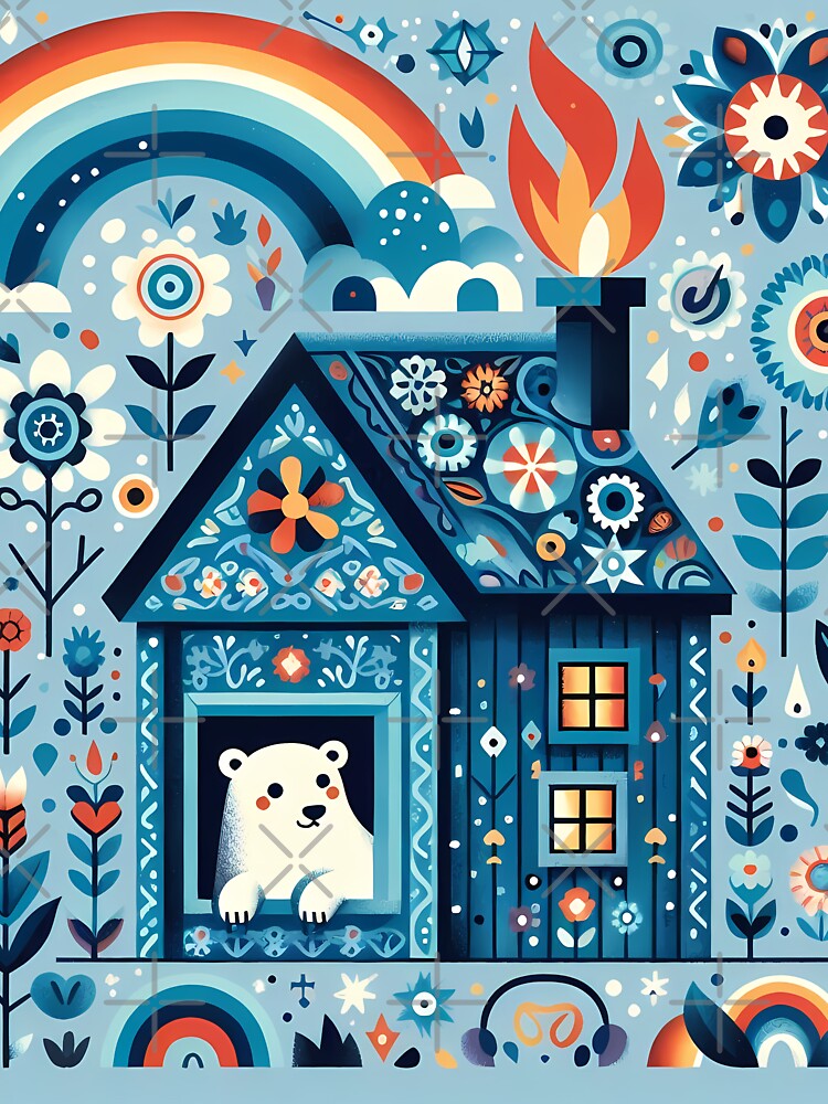 Curious Polar Bear in Cozy Blue Cottage - Scandinavian Folk Art by heidiannemorris © by FOLK ART FUSION