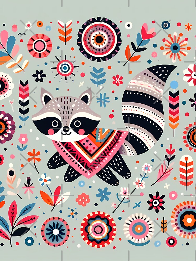 Scandinavian Folk Art Cute Masked Raccoon with Ringed Tail by heidiannemorris © by FOLK ART FUSION