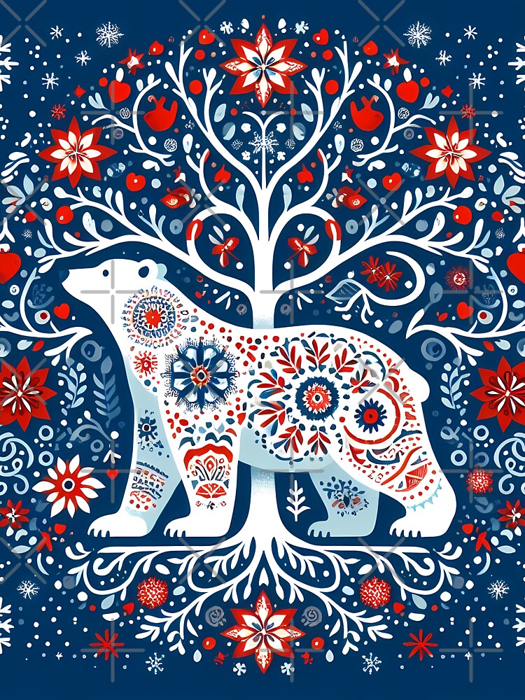 Cute Winter Polar Bear and Tree - Scandinavian Folk Art by heidiannemorris © by FOLK ART FUSION