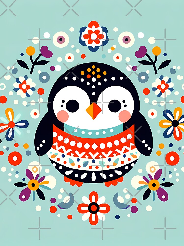 Patterned Penguin with Flowers - Scandinavian Folk Art by heidiannemorris © by FOLK ART FUSION