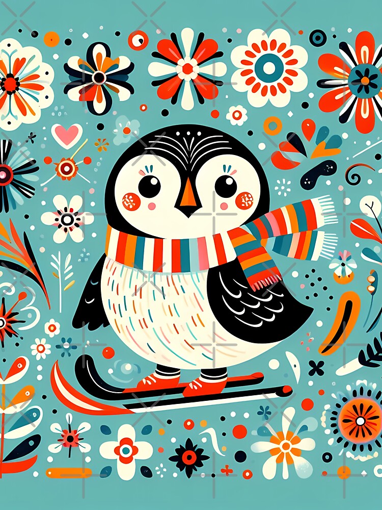 Scandinavian Folk Art Penguin – Teal, Red, Playful Winter by heidiannemorris by FOLK ART FUSION