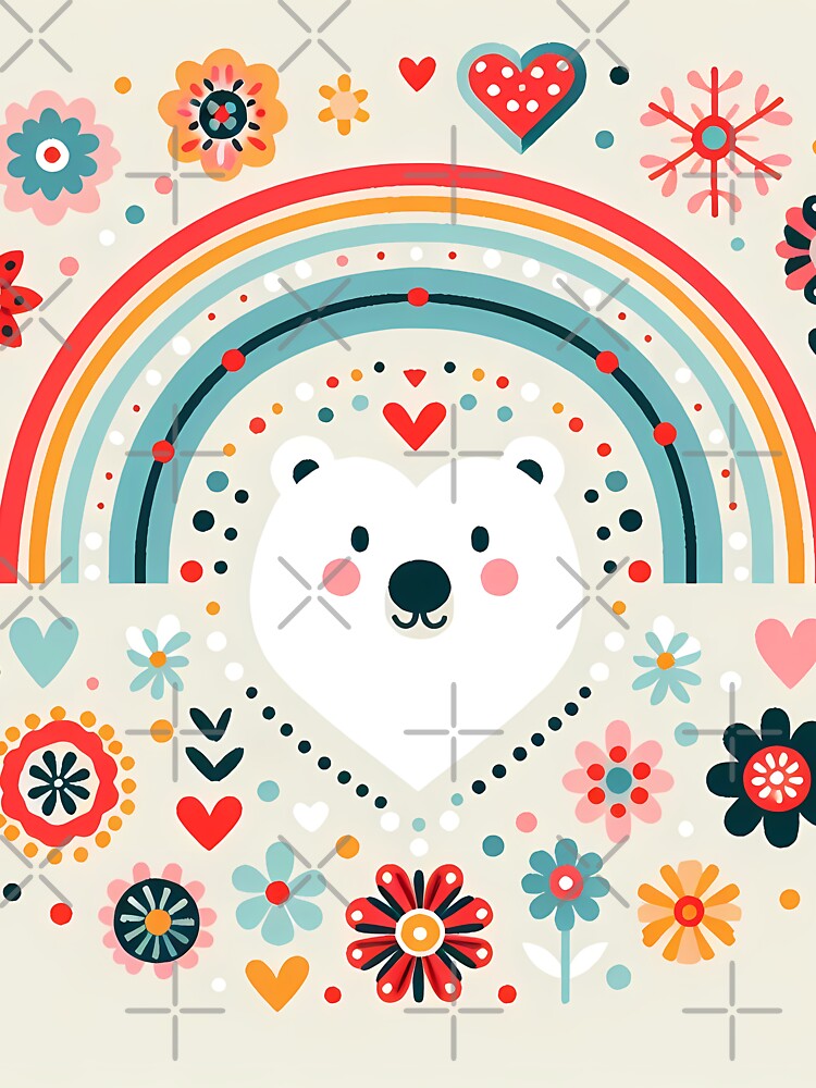 Cute Polar Bear Heart with Rainbow - Scandinavian Folk Art by heidiannemorris © by FOLK ART FUSION