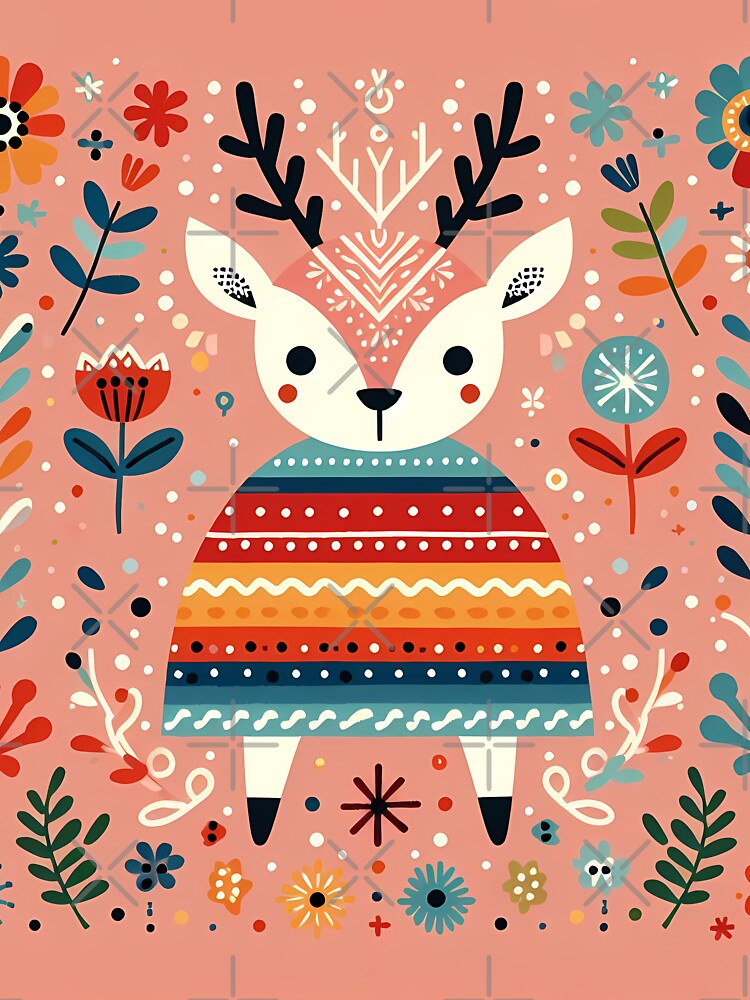 Colorful Folk Reindeer with Flowers - Scandinavian Folk Art by heidiannemorris © by FOLK ART FUSION