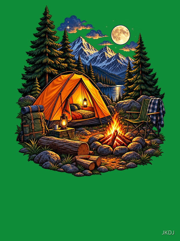 Camping Tent Mountain Campfire Outdoor Adventure Art by JKDJ