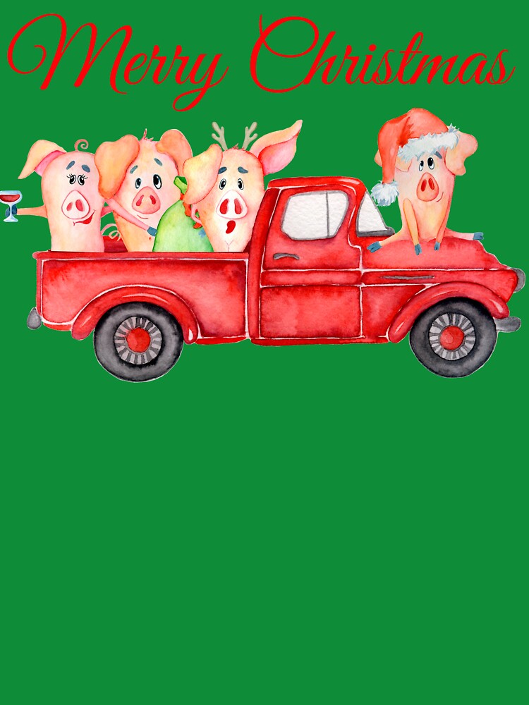 Red Pickup Truck with Cute Pigs - Year of the Pig 2019 by Maryna Denysenko