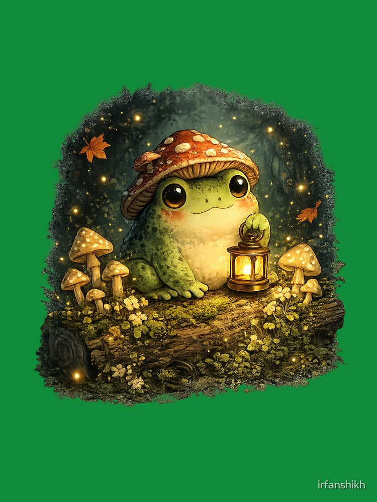 Goblincore Frog with Mushroom Hat – Cute Forest Night Kawaii Art | Frog Lover Goblincore Gift by irfanshikh