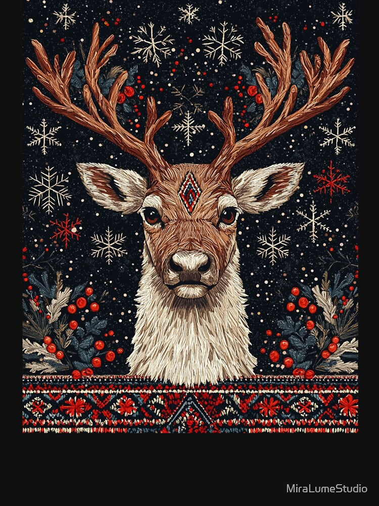 Scandinavian Reindeer Embroidery – Winter Mythology Needlework Art by MiraLumeStudio