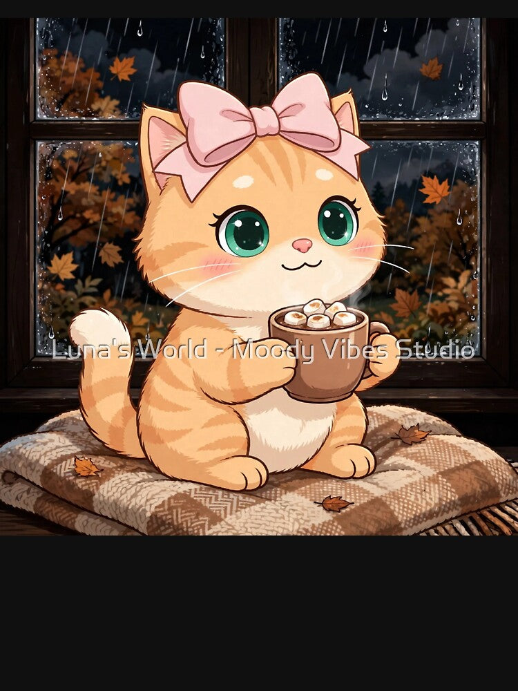 Cute Fall Rainy Window Cat Cocoa Autumn Cozy Marshmallow by Luna's World - Moody Vibes Studio