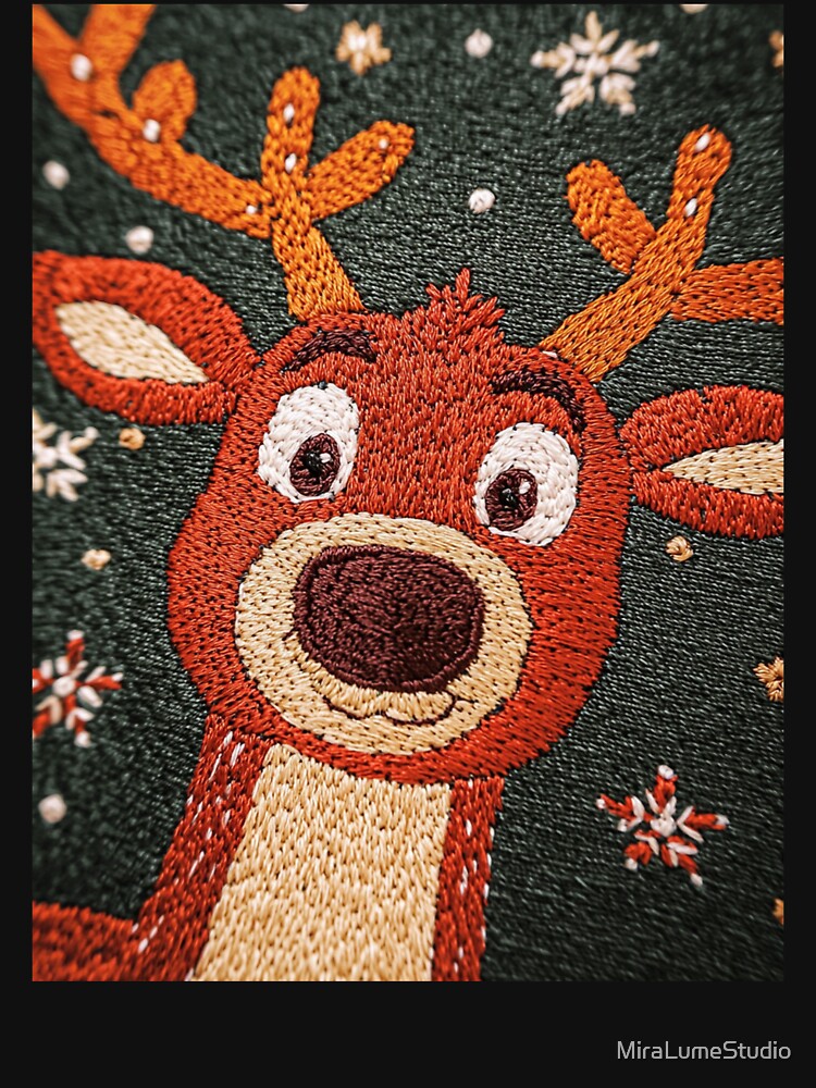 Cozy needlework Christmas Reindeer – Cute Nordic Embroidery Artwork by MiraLumeStudio