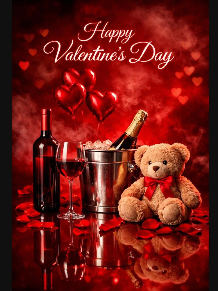 Happy Valentine's Day Celebration - Romantic Red Wine, Champagne & Teddy Bear by Dreamy Armine Art