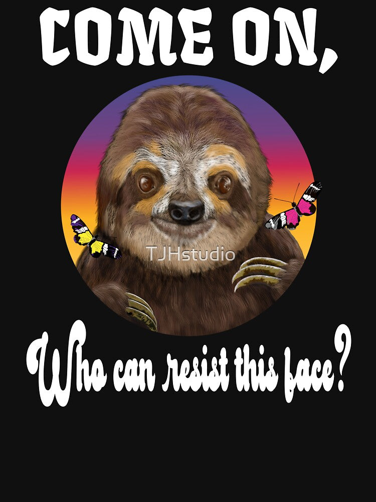 Come on. Who can resist this face? Happy cute sloth and butterflies. by TJHstudio