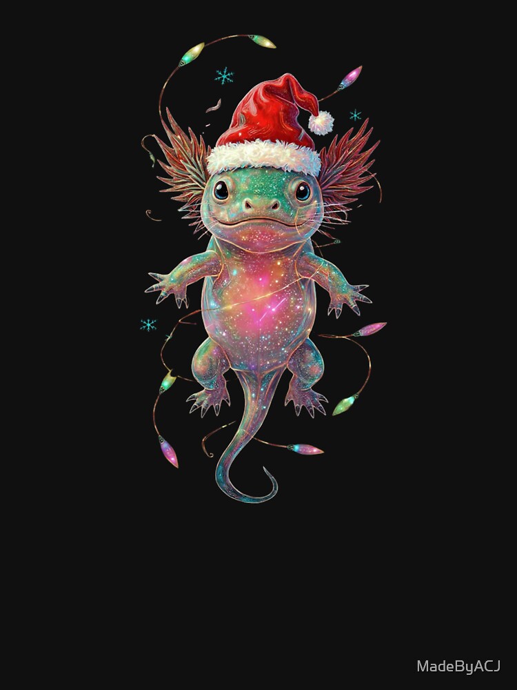 Psychedelic Axolotl Christmas – Neon Santa Hat & Glowing Snowflakes by MadeByACJ