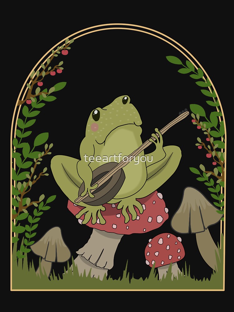 cottagecore cottage core funny frog playing guitar banjo on mushrooms by teeartforyou