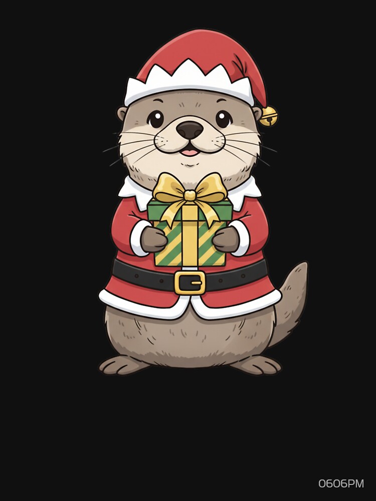 Festive Otter Holding Gift Christmas Art by 0606PM