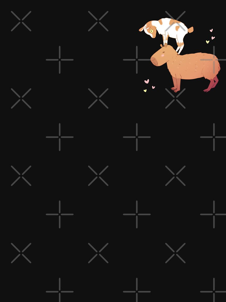 capybara with a baby goat friend standing on its head - a cute cartoon capybara chilling by Yarafantasyart