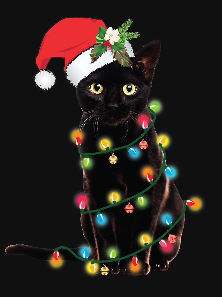Santa Black Cat Tangled Up In Christmas Tree Lights Holiday by tronictees