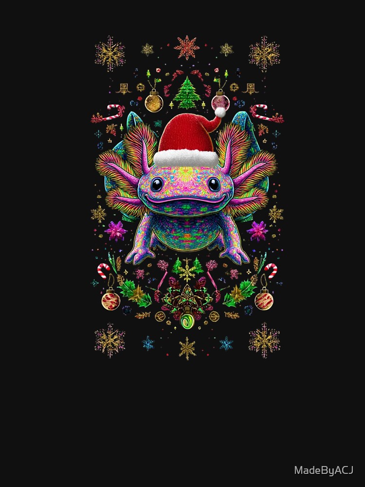 Vibrant Psychedelic Axolotl Christmas Design – Cute Kawaii Santa Axolotl – Festive Holiday Art by MadeByACJ
