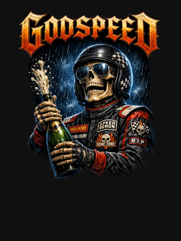 Godspeed Skeleton Racer – Dark Racing Skull Champagne Graphic Tee by RIOT SUPPLY CO