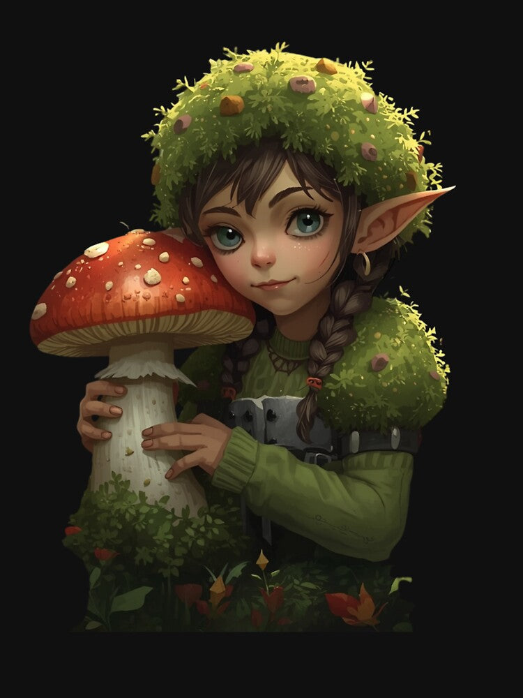 Forager Moss Girl Holding Giant Mushroom Goblincore T-Shirt & Sticker by Ashley critters